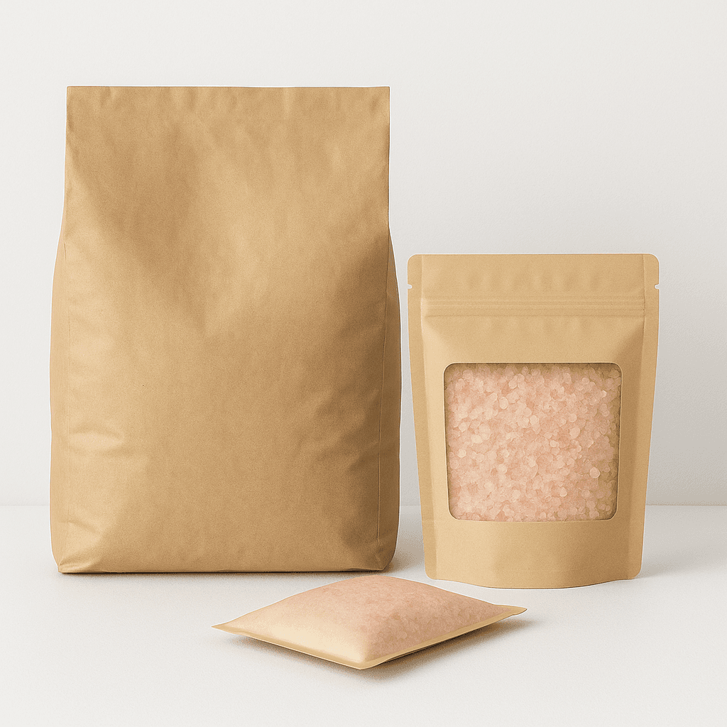 Bulk and foodservice formats: a kraft lay-flat bag, a window pouch, and a flat sachet of pink salt.