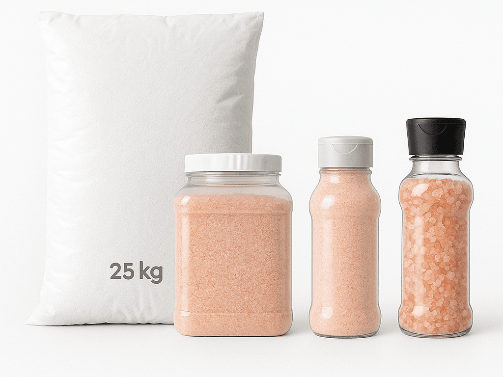 A 25 kg white bulk bag with two PET jars and a grinder, showing the bulk and retail range.