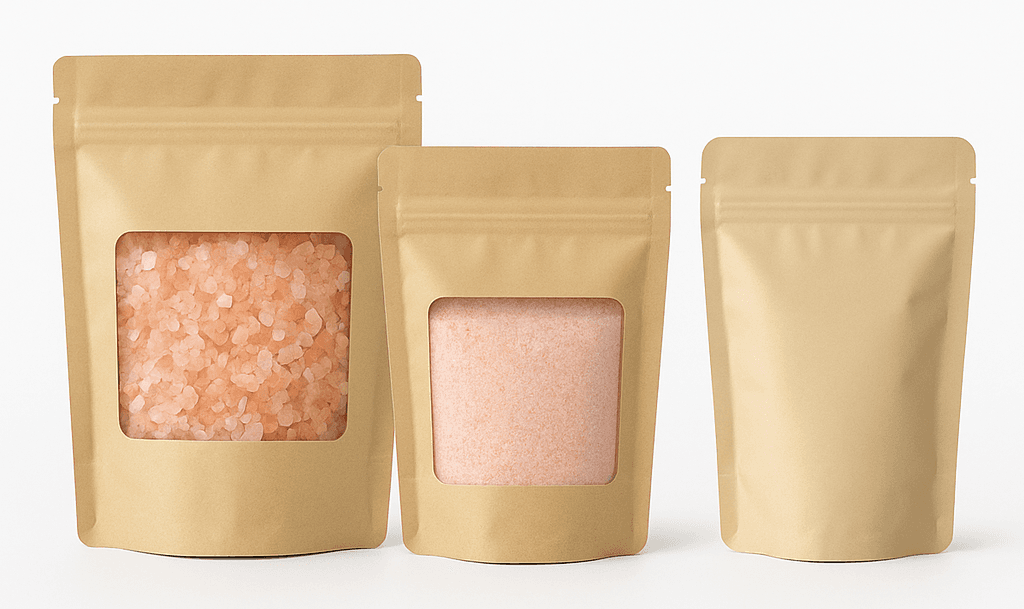 Three kraft stand-up pouches with clear windows showing pink Himalayan salt.